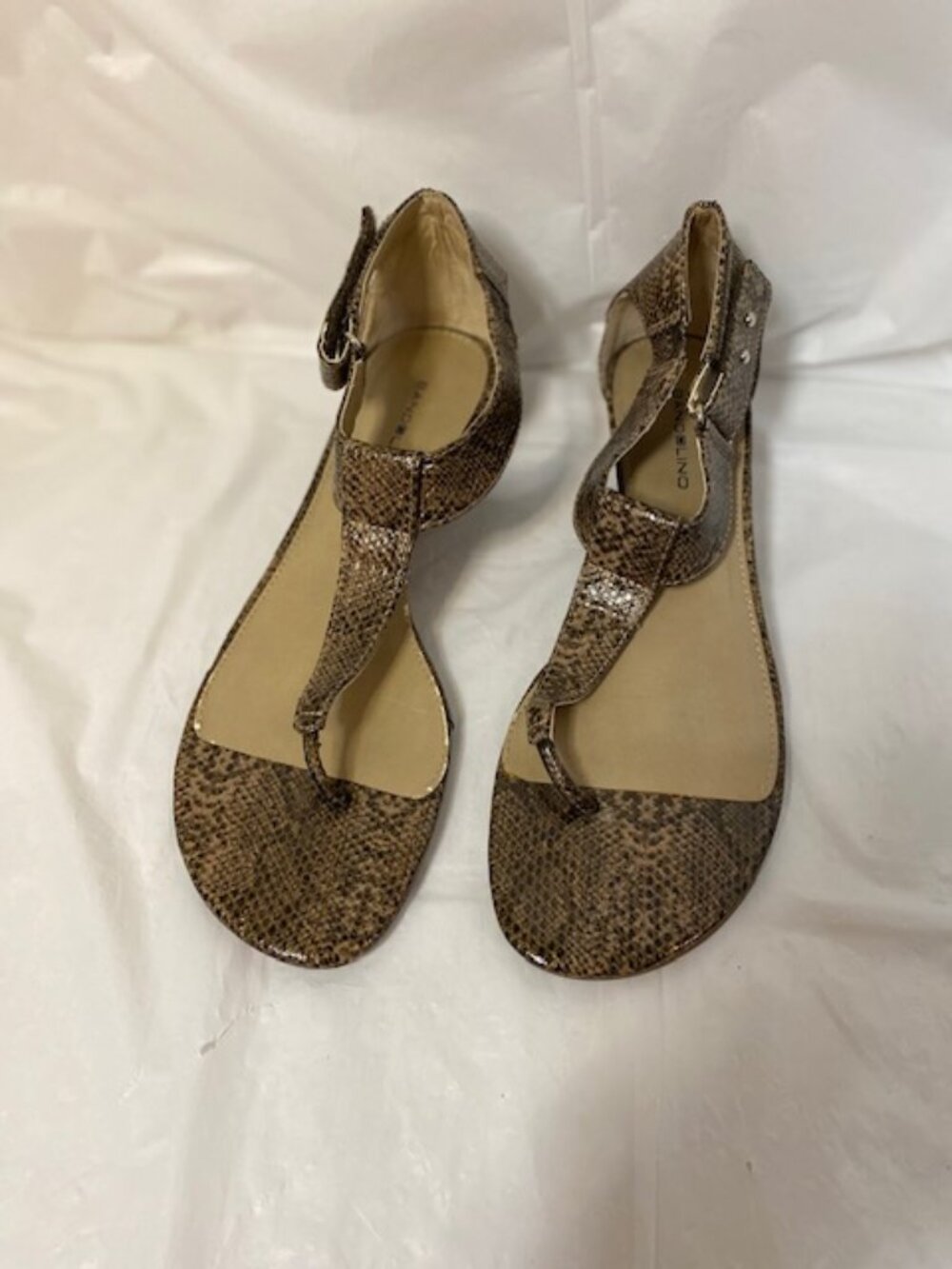Bandolino faux snakeskin T-strap wedge sandals in Brown, size 8M